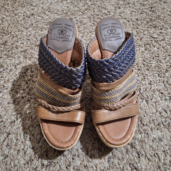 Lucky Brand Mika Woven Wooden Leather Boho Retro Heeled Sandals - Picture 3 of 8